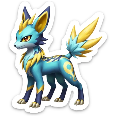 Shiny colorful exotic Feral Scaly Striking Slaying Badass Evil Handsome Lightning-patterned Zig-zagged buzzy fuzzy Meloetta-Renamon-Luxray-Cobalion-Suicune-Vernid-fusion-hybrid-creature, full body  sticker