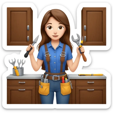 beautiful girl with long brown hair constructing new kitchen cabinets sticker