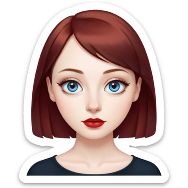 Artistic young woman with pale skin, oval face, large expressive blue eyes with eyeliner, thin arched eyebrows, small nose, full lips with red lipstick, dark auburn hair that's straight with slight waves at ends, straight bangs, wearing a black top, warm creative expression sticker