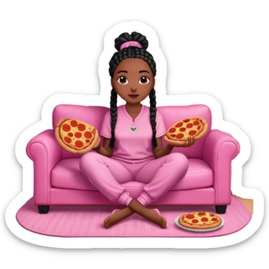 A dark-brown-skinned Black woman with black box braids, sitting on a pink couch, holding an open pizza.She’s wearing comfy loungewear, looking relaxed and enjoying her food. sticker