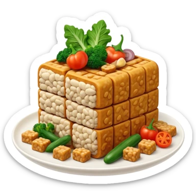 Cinematic Realistic Tempeh Dish Emoji, showcasing fermented soy cake cooked to a crispy finish rendered with lifelike textures and warm, inviting lighting. sticker