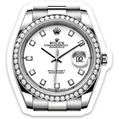 Crie um emoji com essas especificações: Um Rolex Datejust "Iced Out" prateado, totalmente coberto por diamantes na caixa, luneta e com diamantes na pulseira Jubilee. O mostrador possui fundo cravejado com diamantes (pavé), algarismos romanos pretos e lente de aumento na data. sticker