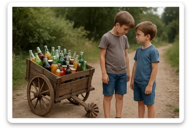 Bir g'ildiragi singan ichimliklar ortilgan arava uning yonida aka uka bir biriga havotirli nigoh bilan qarab turibdi realistik uslubda yuzi ko'rinmasin sticker