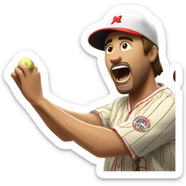 Man with brown hair wearing a hawaiian shirt yells at pinstripe wearing Latino baseball player sticker