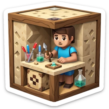 minecraft crafting station in a minecraft cube style with tools, stone, wood, glass, sand, ... sticker
