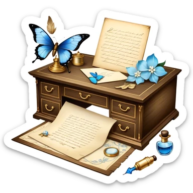 A poetic still life of an antique wooden desk adorned with an ink-stained love letter, a golden-tipped quill resting beside it. A translucent blue butterfly flutters near an elegant perfume bottle, surrounded by ivory gardenias and scattered pearls. sticker