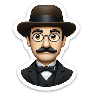 Hercule Poirot. Tête ronde. moustache peignée. Crâne chauve. Sourcils Yeux marrons. Lunettes binocles. Chapeau. Sourcils épais. sticker