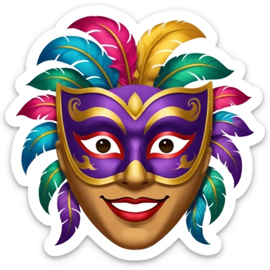 A man with a painted carnival mask, vibrant colors and confident expression. sticker