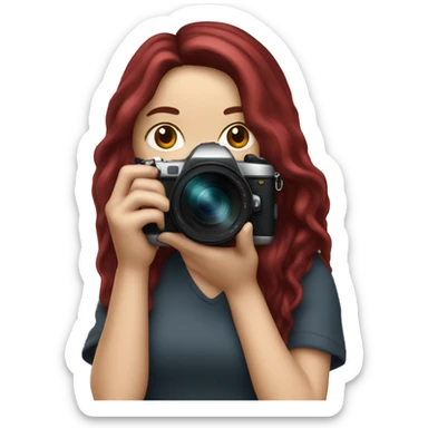 white girl photographer with long burgundy hair and Canon camera sticker