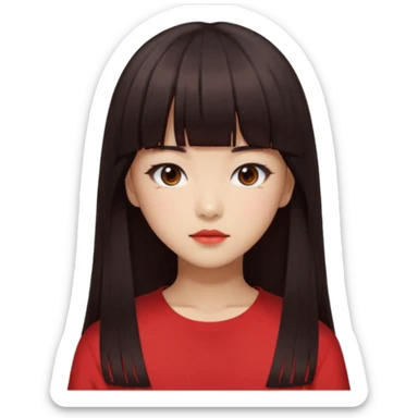 Korean girl, red top, black brown hair, brown eyes, long hair, cool girl, aesthetic, long hair, hime cut, blunt bangs sticker