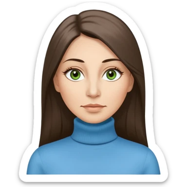 43 year old Adult woman avatar, light skin tone, long, oval face, long straight ashy brown hair, green almond-shaped eyes with dramatic eyelashes and minimal eyeliner, neutral mouth, medium straight eyebrows, average nose, smooth skin,  sky blue turtle neck  sticker