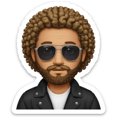 biker gang with black sunglass and rugged and bulky guy bearded curly hair black jacket one gay sticker