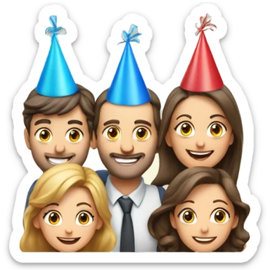 European company of 4 people (mom dad and 2 kids) celebrate birthday in birthday hats sticker