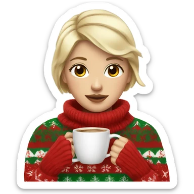 Short haired blonde girl drinking coffee wearing Christmas sweater sticker