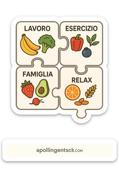 Puzzle (Lavoro, Esercizio, Famiglia, Relax), and healthy foods are integrated into each piece. in italiano sticker
