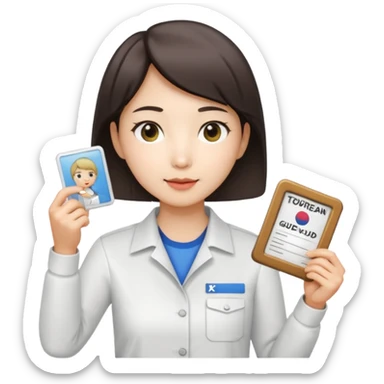 A Korean short-haired female tour guide is wearing a white shirt, holding her Korean tour guide license in her left hand, which is a horizontal card. sticker