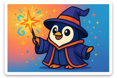 a cute penguin wizard casting a spell, wearing a robe and holding a wand, in a colorful cartoon style, vibrant toon illustration sticker