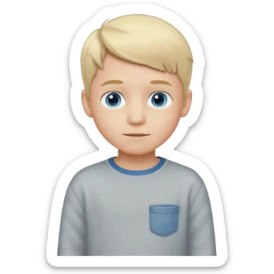 A 9 year old boy with blonde hair and blue eyes wearing grey jean shorts and cream jumper sticker