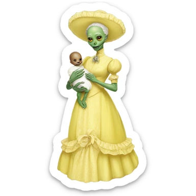 Reptilian alien woman, full body, in victorian jellow elegant dress, holds a newborn white humman baby sticker