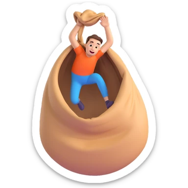 energetic playful man jumping inside of a sack, 3D style sticker