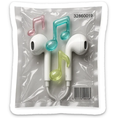 pair of white EarPods with three floating glass music notes in pastel colors, shiny and puffy, vacuum-sealed style sticker