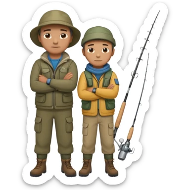 Father and son in fishing gear, arms crossed because they are cold full body sticker