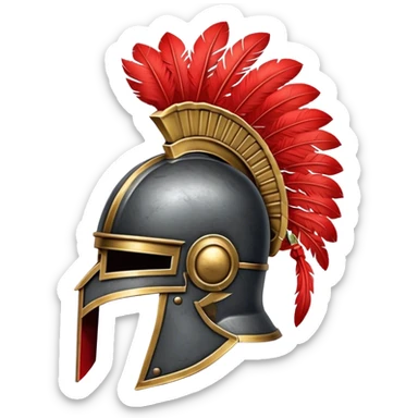 2d iron Roman Helmet facing the left, with red plumage sticker