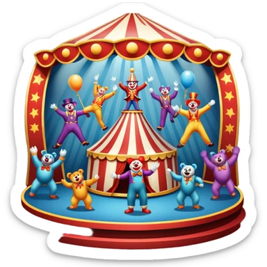 Professional icon for Circus Arts: a dynamic circus stage with acrobats in mid-performance, a clown and trained performing bears. The icon should convey the skill and excitement of the circus, with precise details on costumes, props, and the arena setting. Transparent background. sticker