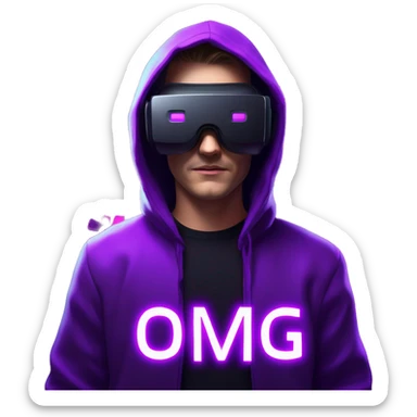 Russian man wearing a black hoodie with "OMG" letters on it and VR headset in a cyberpunk VR environment with violet neon lighting. sticker