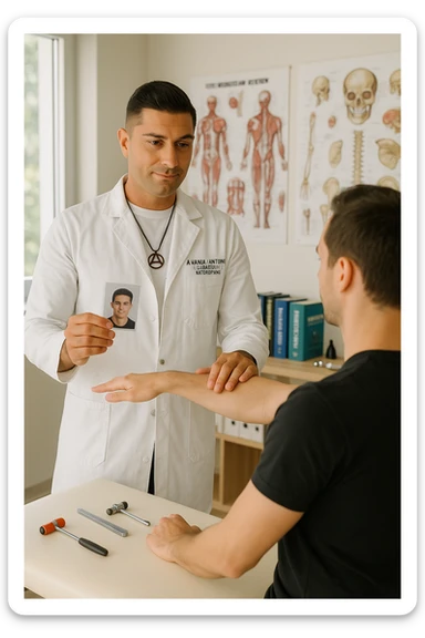 a middle-aged man, dressed in casual professional attire, is in a bright, organized therapy studio. Durante una visita di kinesiologia, il ragazzo tiene con una mano la foto di una persona lontana (il “testimone”) tiene la foto in mano, mentre con l’altra mano esegue un test muscolare su un cliente presente senza foto lui non tiene la foto. Sullo sfondo si vedono libri di kinesiologia, poster anatomici e strumenti tipici della disciplina. L’atmosfera è concentrata e serena, con luce naturale che entra dalla finestra, sottolineando l’aspetto alternativo e umano della pratica. sticker