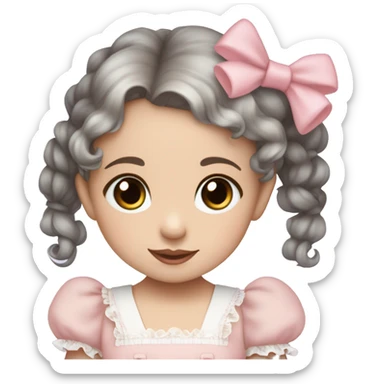 pale skin toddler girl with brown eyes and brown curly hair in two pigtails wearing a baby pink lolita dress with baby blue hair bows sticker