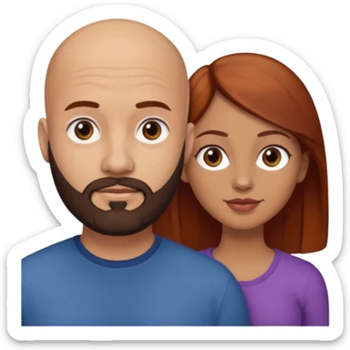 Couple. A bald man with dark brown beard and a girl with light skin. She is a redhead and has dark yellow brown auburn hair. Different skincolor. She has very light skin. sticker