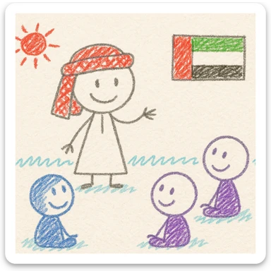 child in traditional Emirati dress presenting in front of the class, classmates watching, UAE flag on the wall, cheerful and kid-friendly illustration sticker