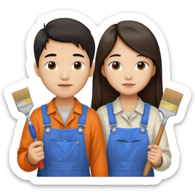 Asian boy with long hair  and girl painters sticker