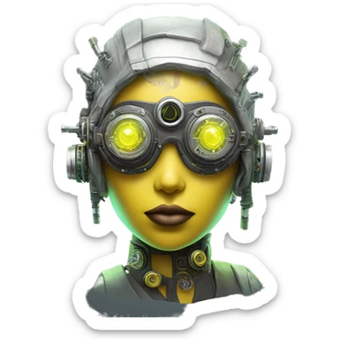Neon yellow bobbed hair Latina female cyborg head with silver steampunk goggles and circuits sticker