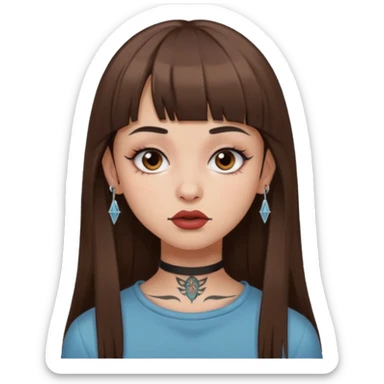 Alternative girl with long straight brown hair and micro bangs and a throat tattoo sticker