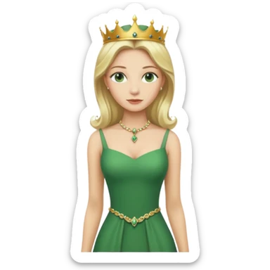 Queen, crown, blonde hair, green eyes, long green tight dress, whole Body, sticker