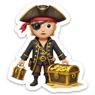 A 3D cartoon pirate character with one eye covered by a black eye patch, holding a treasure chest filled with gold coins and jewels, standing on sandy ground, wearing a pirate hat and coat, warm sunset lighting, realistic Memoji-style rendering. sticker