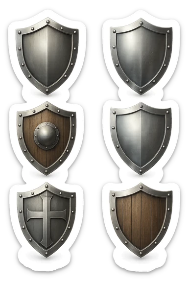 6 scudi 3d che simboleggiano "difesa e protezione", realistici in 3d fluttuano in aria, iperrealistico 4k sticker