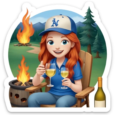 Laughing redhead with long hair and blue eyes wearing baseball cap holding white wine sitting in chair beside fire pit sticker