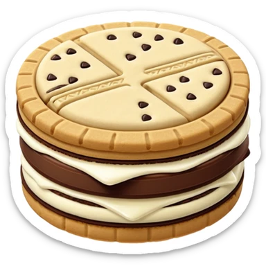 single sandwich cookie with two dark chocolate wafers and thick white cream layer in between, detailed embossed texture on surface, clean edge, slight gloss on cream, soft lighting, subtle shadows, emoji scale sticker