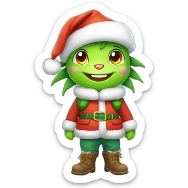 happy little green cartoon dragons of child in winter, in work pants, in work clothes, in winter boots, in a Santa Claus hat, New Year sticker