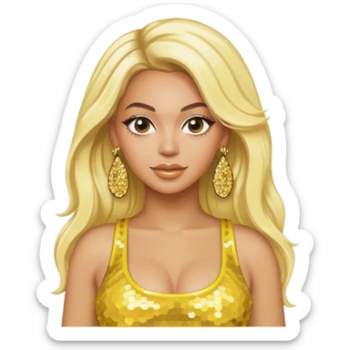 Beyonce with long platinum blonde hair, yellow sequin crop top, yellow earring sticker