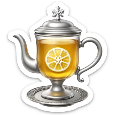 3D emoji of a traditional
Russian tea glass in an ornate silver metal holder (podstakannik). Hot tea with a lemon slice, visible steam forming a small snowflake shape. High-end glossy 3D
 sticker