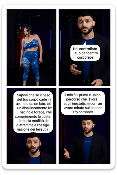 TRASFORMA QUESTO CAROSELLO IN UN FUMETTO CON QUESTE DUE PERSONE IDENTICHE CHE INTERLOQUISCONO TRA LORO:

LEI: Ho la cellulite anche se mi alleno e mangio bene, cosa posso fare?

LUI: Hai controllato il tuo baricentro corporeo?
LUI: Sapevi che se il peso del tuo corpo cade in avanti o da un lato, c’è un disallineamento fra bacino e torace, che comprimendo le coste, limita la motilità del diaframma e l’ossigenazione dei tessuti?
LUI: Il mio è il primo e unico percorso che lavora sugli inestetismi con un lavoro mirato sul baricentro corporeo. sticker