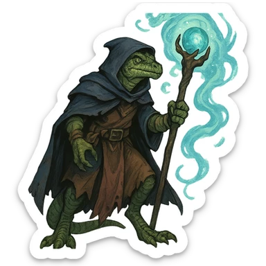 lizard man wizard, fantasy, staff, magical aura sticker
