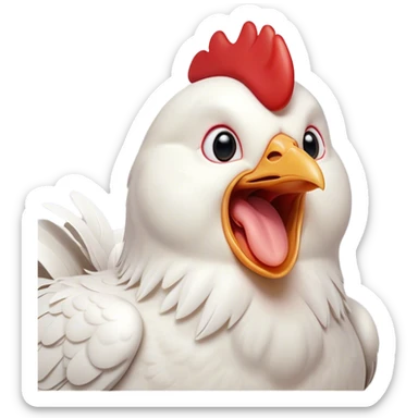Cinematic Cute Yawning White Chicken Portrait Emoji, Head tilted slightly with a dramatic, wide-open yawn, showcasing a soft, fluffy white plumage with a crisp red comb and drooping wings, round beady eyes barely open in drowsy contentment, Simplified yet irresistibly adorable features, highly detailed, glowing with a soft, cozy glow, high shine, relaxed yet expressive, stylized with a touch of whimsy, bright and endearing, soft glowing outline, capturing the essence of a sleepy yet affectionate chicken, so drowsy it feels like it could stretch out of the screen and curl up for a nap! sticker