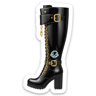 knee-high ultra detailed black patent leather boots with metallic buckle and chains sticker