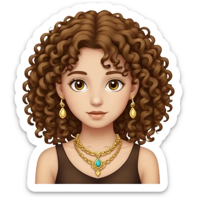 Teenage girl with curly brown hair, choni style with gold jewelry sticker