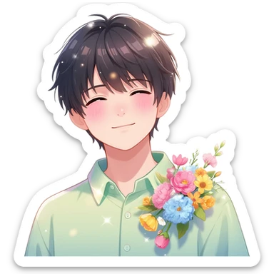Gorgeous bright sparkly romantic Asian pastel anime guy with blushing face and flowers aesthetic trending style outside sticker
